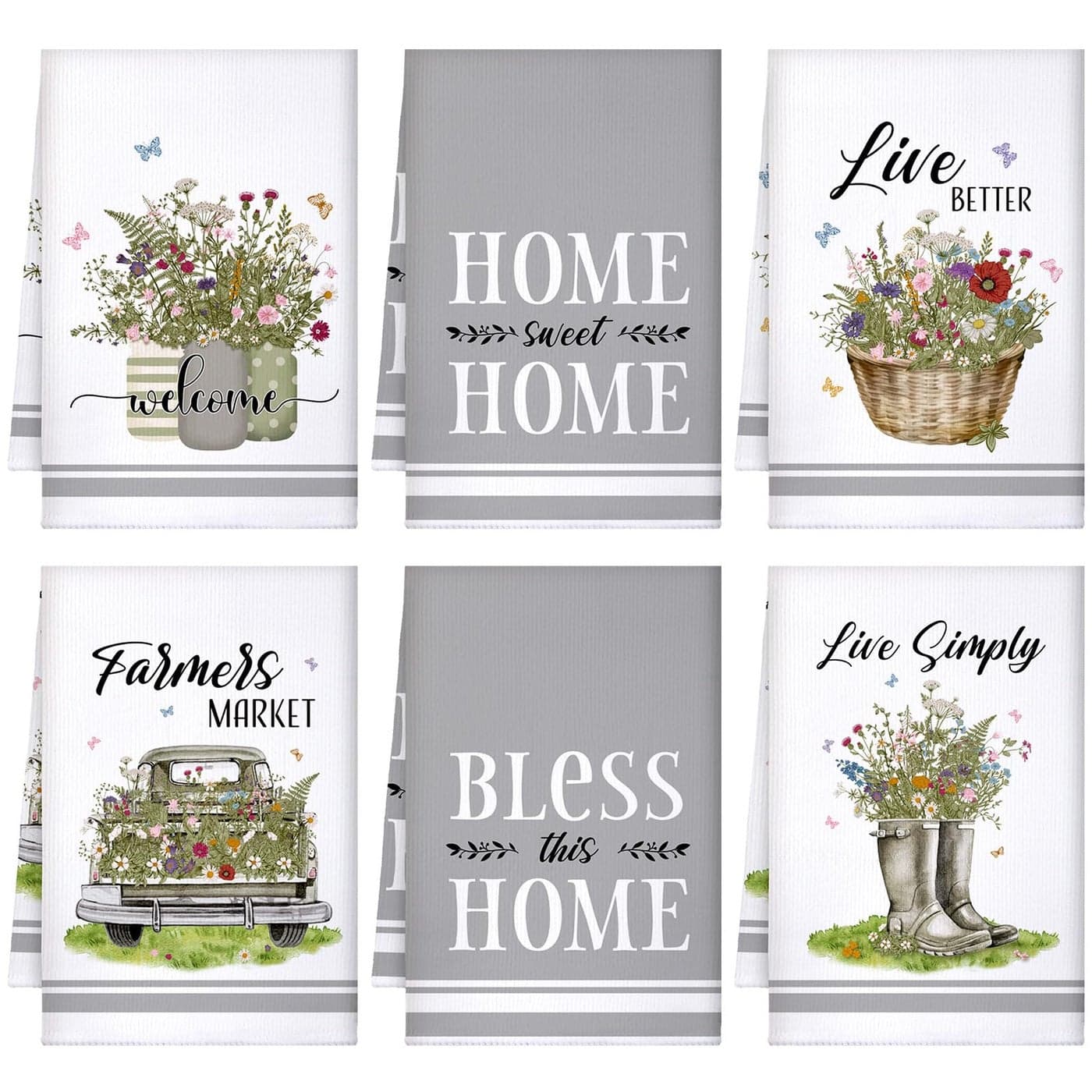 Boyiee Set of 6 Floral Kitchen Towels Wildflower Dish Towels Butterfly Truck Tea Towels 24 x 16 Inches Absorbent Hand Towels Flower Lover Housewarming Gifts for Farmhouse Kitchen Bathroom Decorations