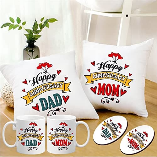 PICRAZEE "Happy Anniversary Mom Dad for Parents | Mother Father (2 pc12”x12” Satin Cushion with Filler, 2pc Coffee Mug & 2pc Fridge Magnet)