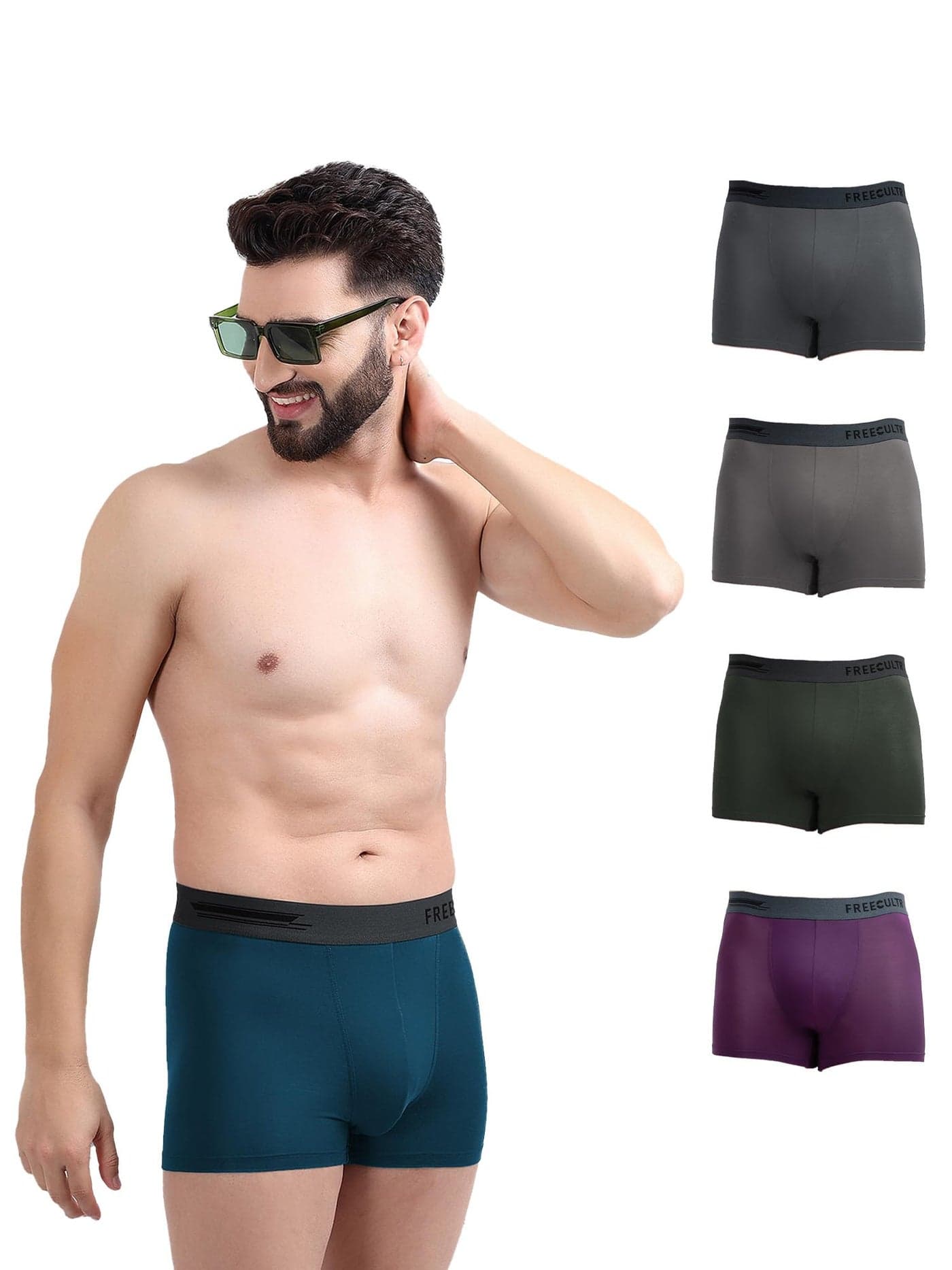 Freecultr Men's Underwear Anti Bacterial Micromodal Airsoft Trunk - Non Itch No Chaffing Sweat Proof - Seaweed Green,Smoke Grey,Trippy Violet,Ash Grey,Midnight Blue Size M Pack 5