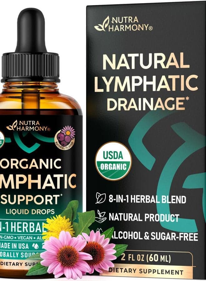 USDA Organic Lymphatic Drainage Supplement - Echinacea | Elderberry | Dandelion | Rosehip | Cleavers | Calendula | Burdock - Made in USA - Lymph System Drops - Immune Support, Cleanse & Detox, 2 fl oz