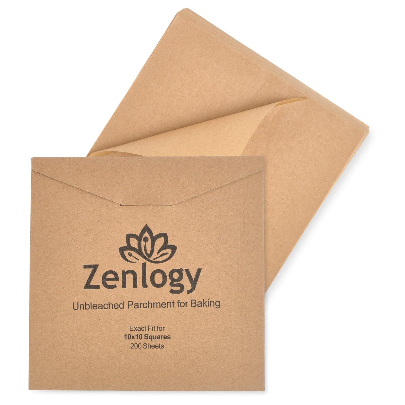 Zenlogy 10x10 Parchment Paper Squares 200 Sheets Unbleached High Heat Nonstick Precut Baking Paper Fits 10x10 Square Pans Toaster Oven Trays Air Fryer Dehydrator Baking and Roasting