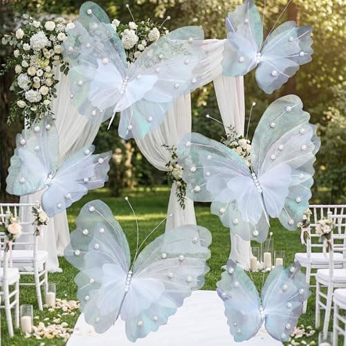 Geelin 6 Pcs Large White Pearl Butterfly Decorations Mariposas Grandes para Decoracion Big Butterfly Party Decor 20 Inch 12 Inch 3D Silk Butterflies for Baby Shower Birthday Party Wedding Decor