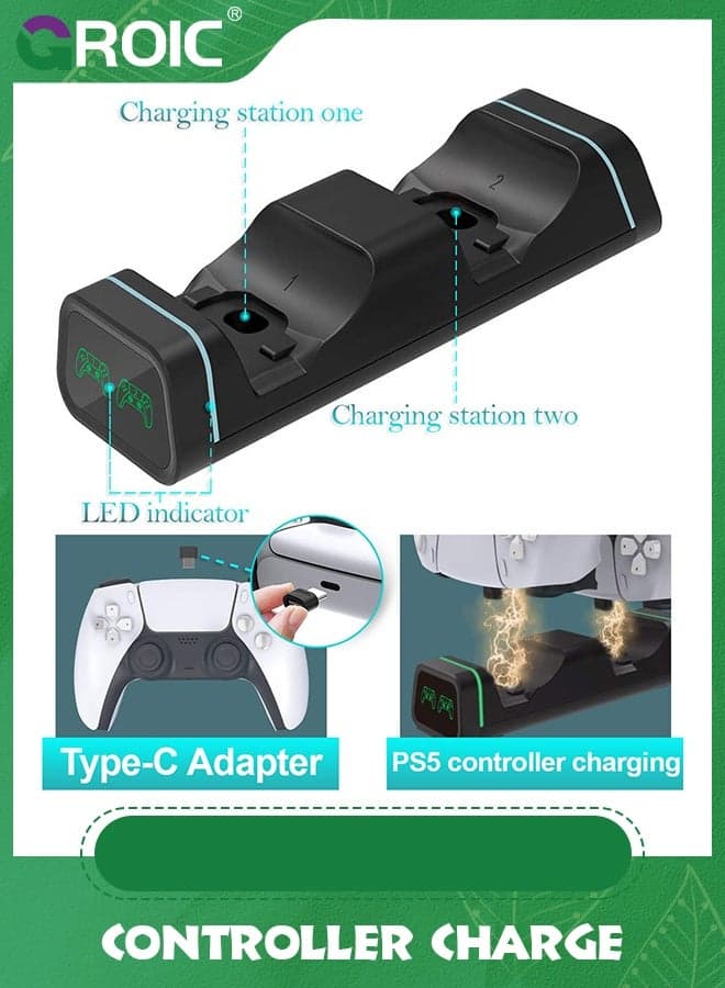 Controller Charge, Controller Charger Station for PS5, Dual USB Type C Fast Charging for Sony PlayStation 5, LED Indicator for DualSense Controller