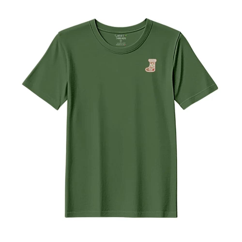 Threads Large Forest ELF Green Polycotton T-Shirt - Christmas "Gingerbread Stocking Cookie" Embroidered Design, Premium Holiday Collection