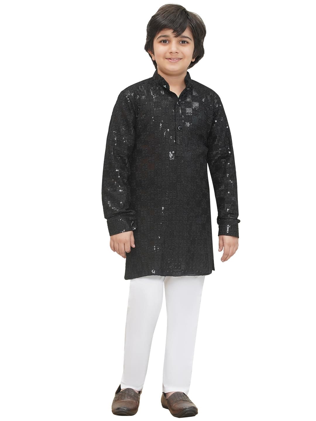AJ DEZINES Kids Cotton Full Sleeve Sequined Chikankari Black Kurta Pajama Set for Boys - Ethnic wear | Special Occasion & Party Outfit |Kurta Pyjama for boys - Regular Fit (1270-BLACK-10)