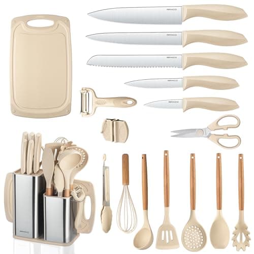RAXCO Cooking Utensils Set,12-Piece Kitchen Utensils and Accessories,6-Piece Knife set,utensilios de cocina,Khiki