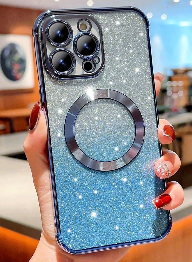 Magnetic Glitter Case for iPhone 16 Pro with Camera Lens Protector, MagSafe Compatibility, Luxury Plating, Cute Bling Sparkly Clear Slim Shockproof Phone Cover for Women and Girls,Blue