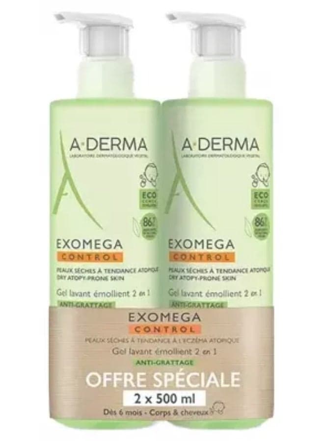 A-DERMA Exomega Control Anti-Scratching 2in1 Emollient Cleansing Gel 2 x 500ml