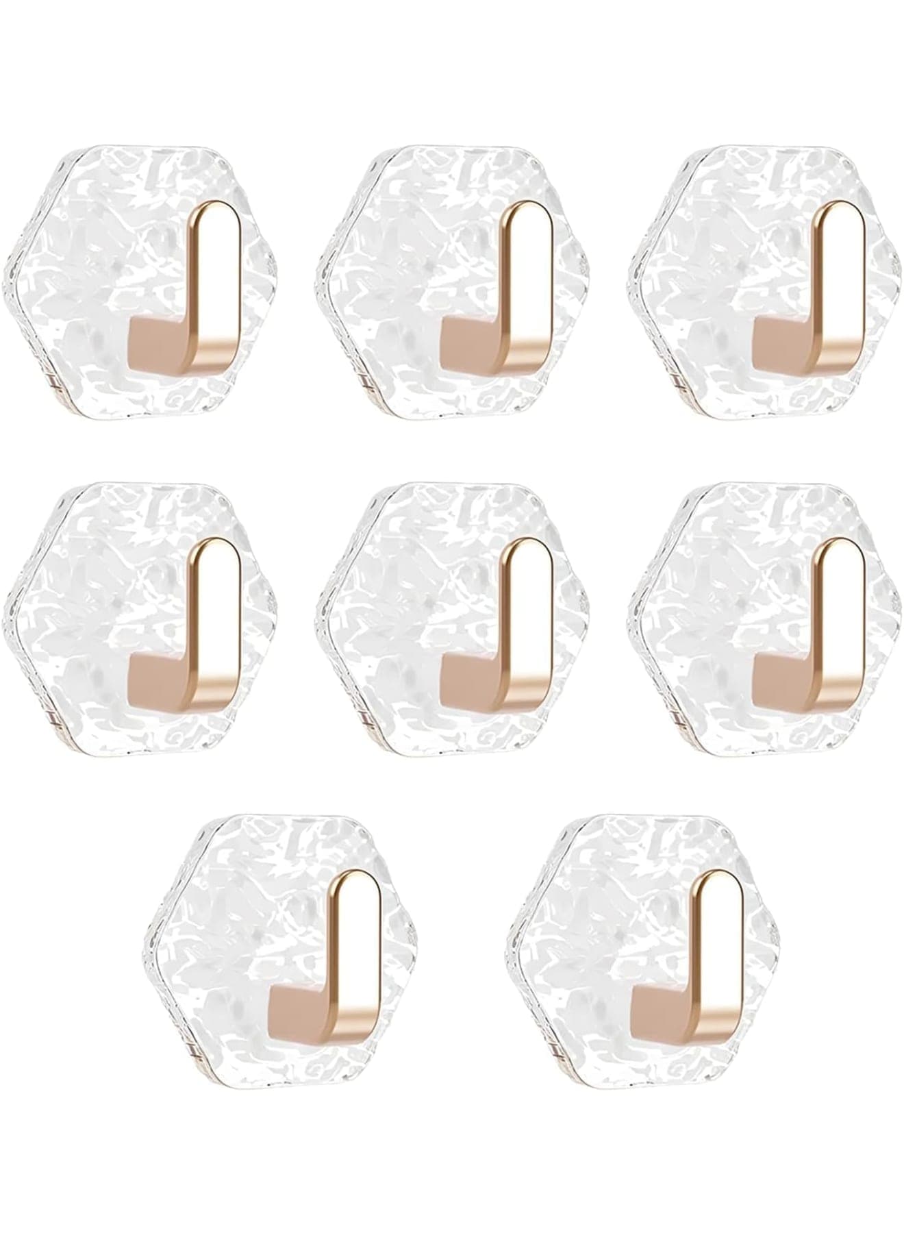 Adhesive Hooks, Drill-Free Wall Hooks for Bathroom Kitchen Hallways, Self-Adhesive Heavy Duty Waterproof Hooks for Towels Keys Bags Hats, Gold Ripple Design, 8 Pack