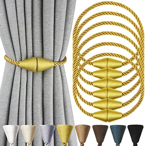 Nieffeiy 6 Pack Magnetic Curtain Tiebacks Rope Modern Handmade Curtain Tie Backs Decorative Drapes Weave Holdbacks for Window Décor, Gold