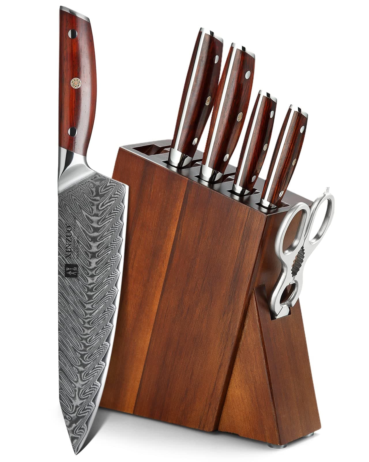 XINZUO 7PC Kitchen Knife Set with Block Wooden Professional Damascus Steel Chef Knife Santoku Bread Utility Fruit Knife with Multifunctional Kitchen ShearsErgonomic Rosewood Handle Yi Series