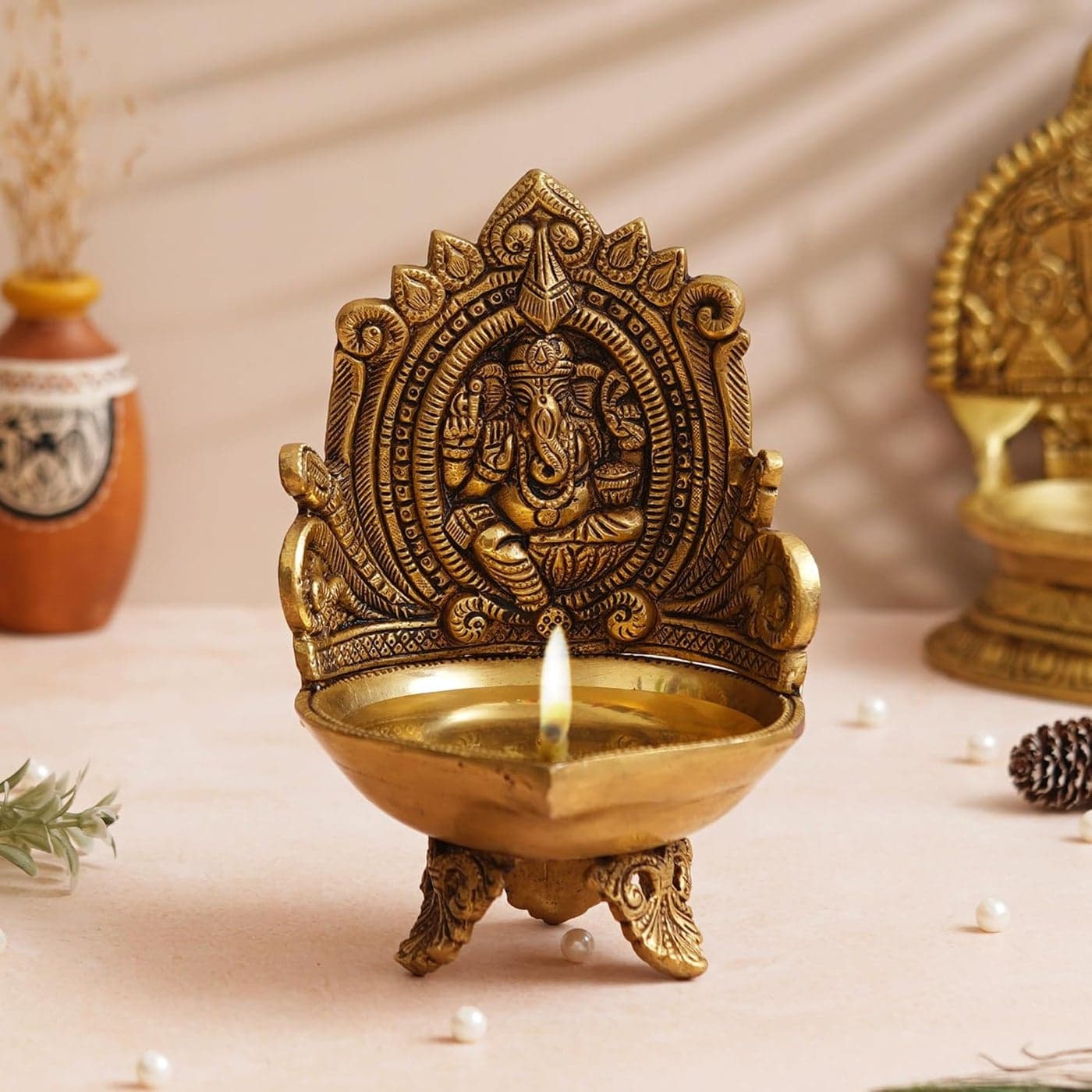 Shyam Antique Creation Brass 7 Inch Ganesha Deepak for Pooja Room God Ganesh Ji Oil Diya Ganpati Bapaa Oil Lamp Akhand Jot Diya Deepak for Mandir Temple Diwali Pooja and Home Office Puja