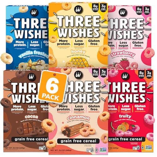 Three Wishes Grain-Free & Protein Cereal - Healthy, Low Sugar & Gluten-Free Breakfast Cereal - Low Carb, Plant-Based, Vegan & Non-GMO - Variety 6-Pack