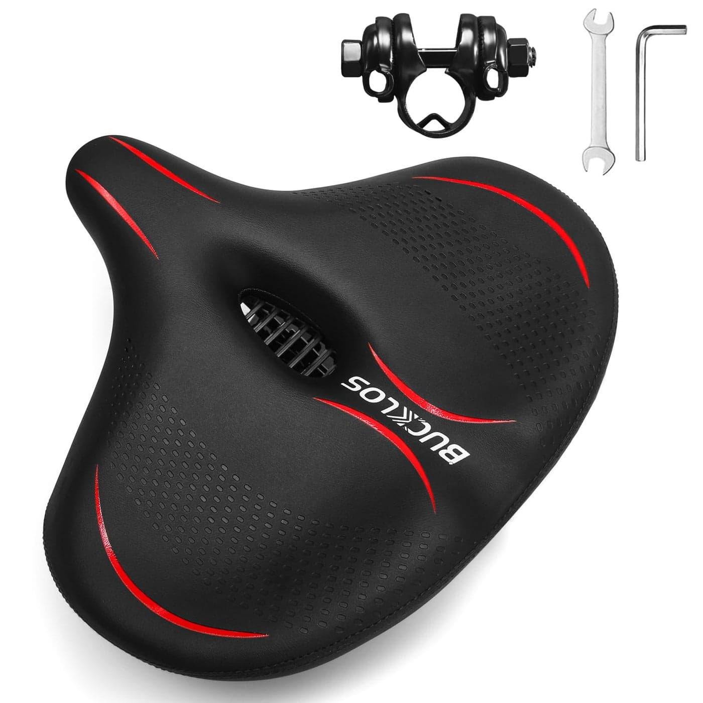 BUCKLOS Comfortable Extra Wide Bike Seat Cushion for Women Men, Exercise Bike/Stationary/Peloton/Spin Bike Seats Comfort Foam Padded, Waterproof Bicycle Saddles with Dual Shock Absorbing Ball