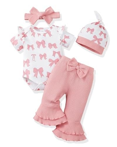 Renotemy Infant Baby Girl Clothes 3-6 Months Baby Spring Summer Outfit Clothes Short Sleeve Coming Home Outfits Gifts for Girls Newborn Essentials Romper Pink Bell Bottom Pants Bodysuit Clothing Set
