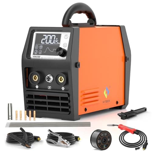 HITBOX 140A MIG Welder 110V220V Flux Core WelderStick ARCLift TigSpool Gun 4 In 1 Gasless Mig Welding Machine with LCD Display Synergy Dual Voltage IGBT Inverter Welder HIM200