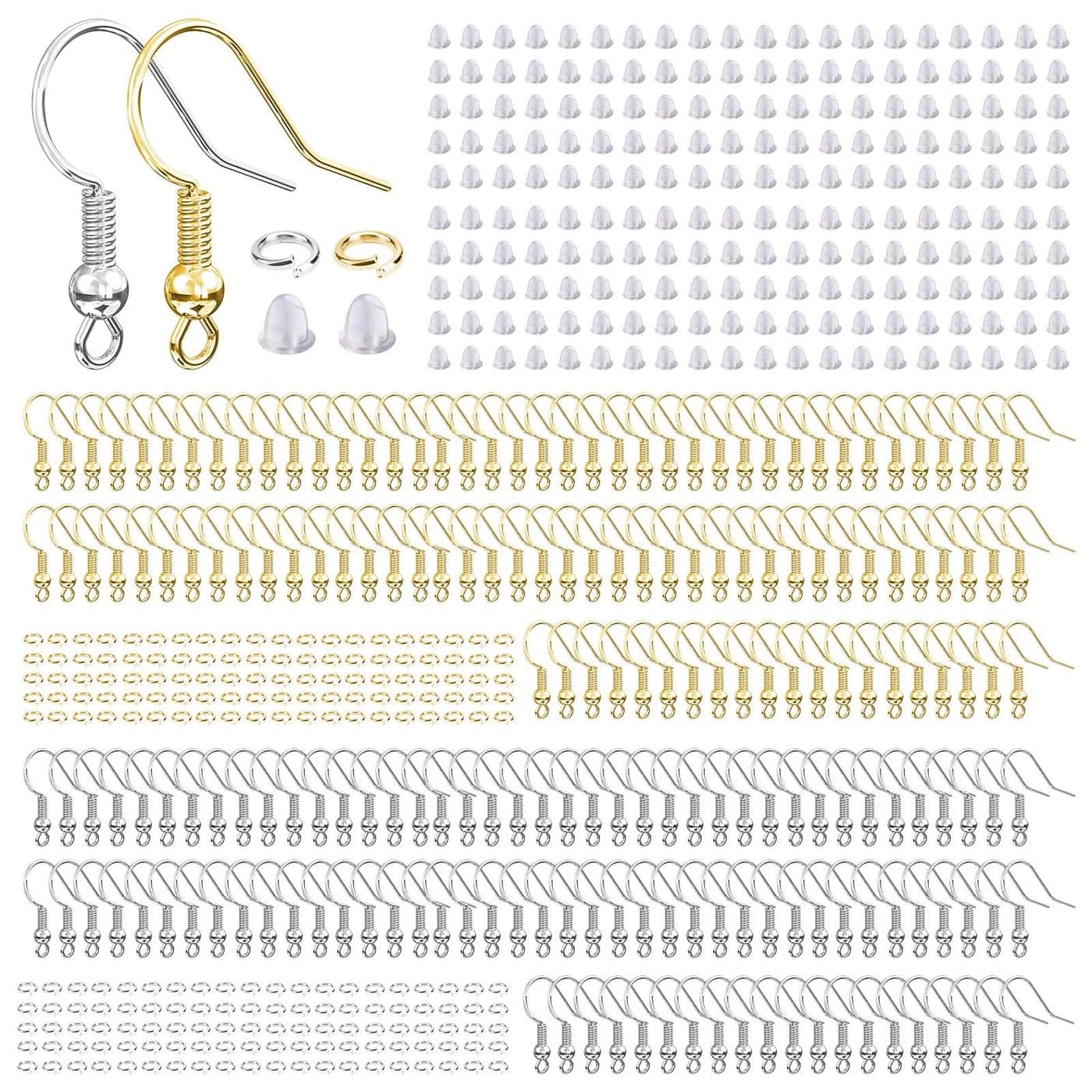 Hypoallergenic Earring Hooks 600 Pcs Earring Making Supplies Kit with Earring Hooks Jump Rings and Earring Backs for Jewelry Making Silver and Gold