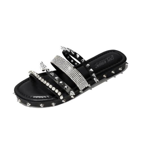 Women's Slide Sandals Spiked Flat Slides, Summer 2025 Comfortable Slip-On Beach Shoes with PU Leather Sole (Xtreme) - Black Size 10