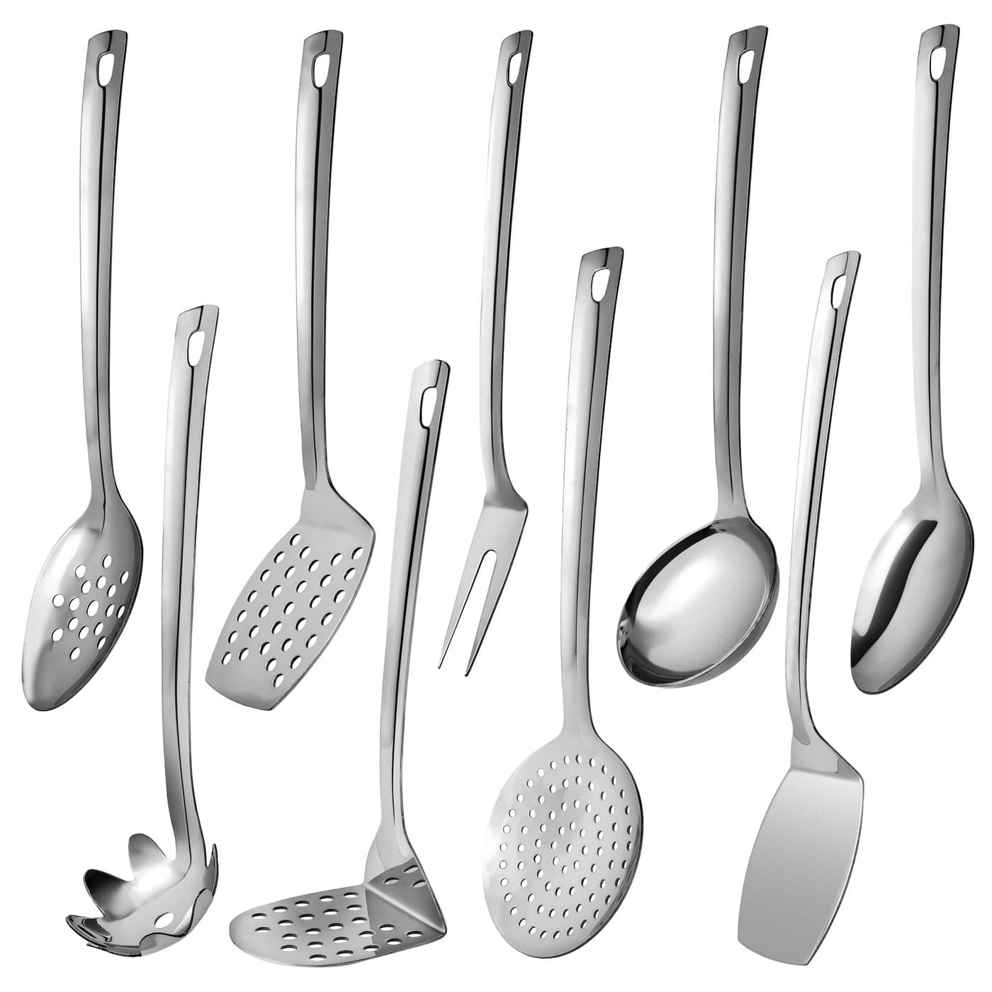 9 Pcs Premium Stainless Steel Kitchen Cooking Utensils Set Metal Cooking Utensils Tools Nonstick Heat Resistant Ladle Slotted Spoons Slotted Turners Masher Fork Skimmer Spaghetti Server 13