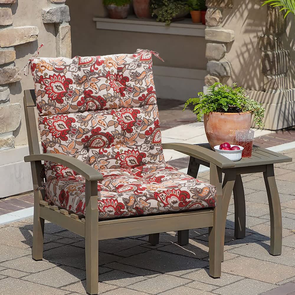Magpie Fabrics IndoorOutdoor Tufted High Back Chair Cushion Set of 2 Waterproof Deep Seating Rocking Chair Outdoor Chaise Lounge Sun Lounger Chair CushionsBotanical Red Orange