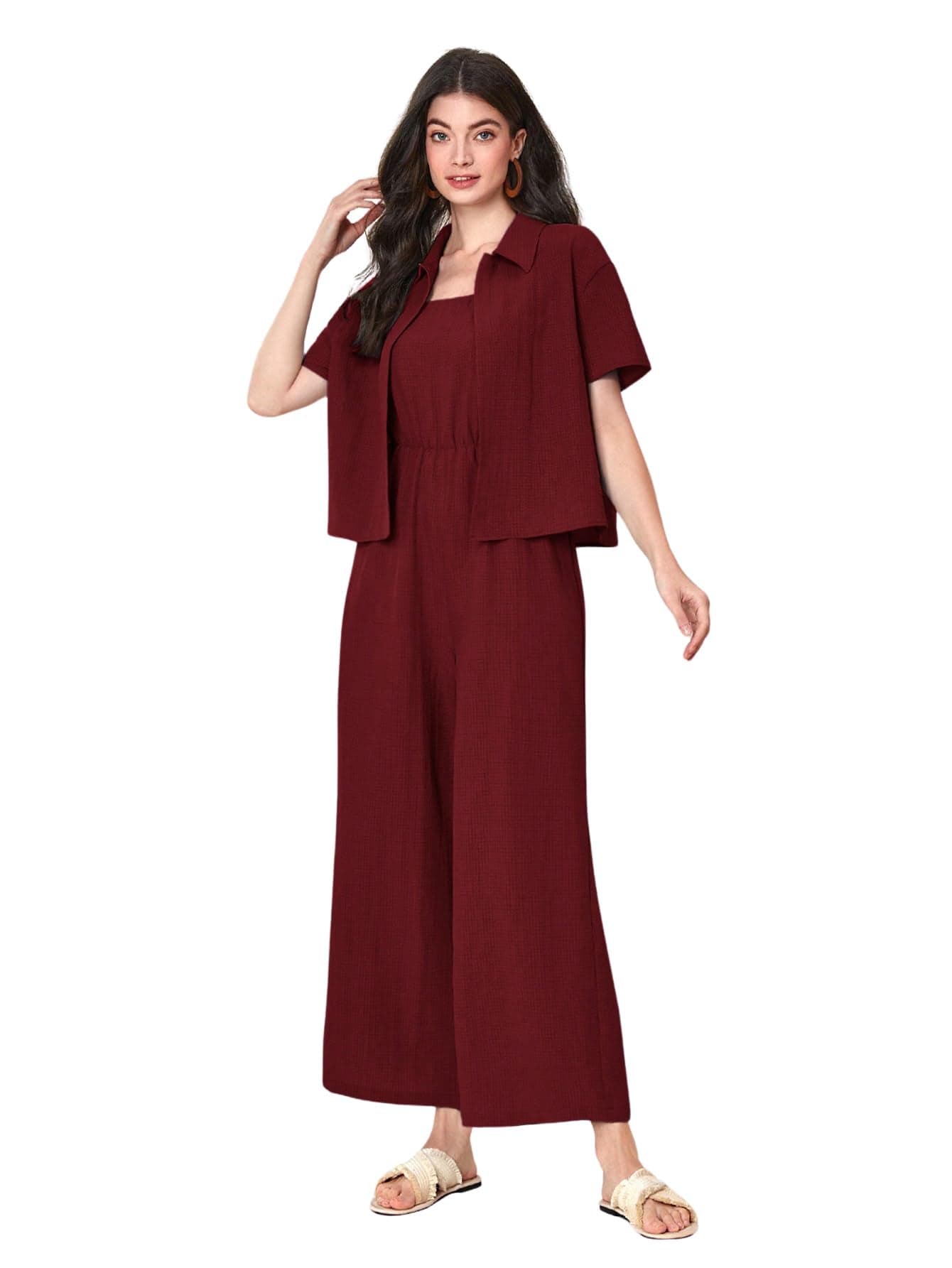 TOPLOT Women's Jumpsuit Co-ord Set | Soft Breathable Feel | Comfortable Fit with Easy Movement | Stylish One-Piece Outfit Design | Perfect for Casual & Travel (Jump-Suit-5225-Maroon-XL)