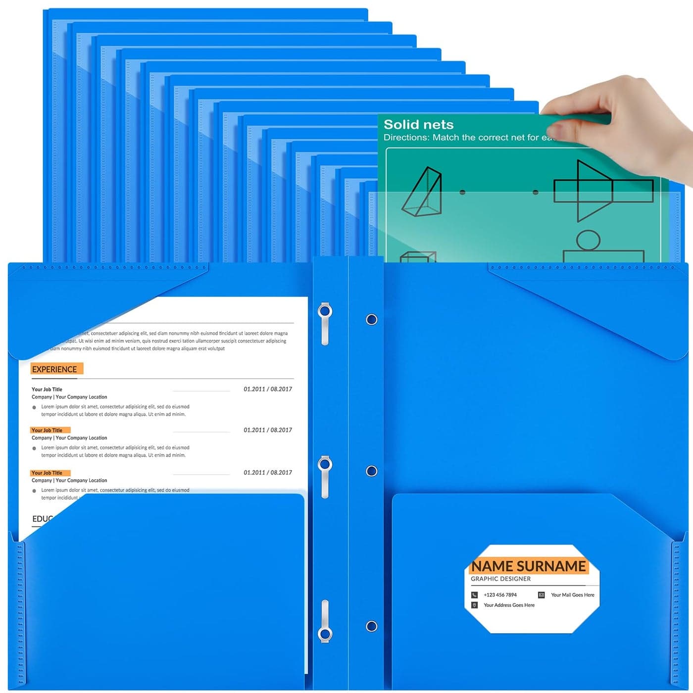 Henoyso 36 Pcs Plastic Folder with Clear Front Pocket and 3 Prong Plastic Folders with Card Slot Pocket Folders with Prongs for School Office Blue