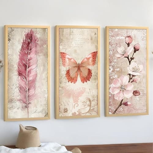 PAINTINGMANTRA Cherry Blossom and Butterfly Wall Art Framed Painting for Home and Office Decoration, Engineered Wood Frame Stylish Large Wall Art Print for Wall D cor (Set of 3, 8.9x18.9 Inch)
