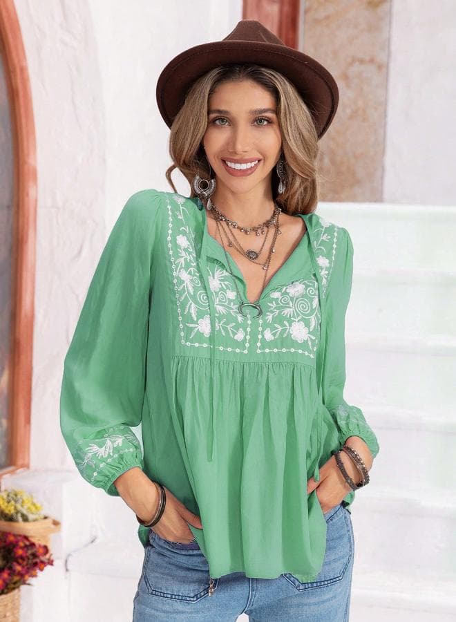 Embroidered Tie-Up Neck Long Sleeve Top