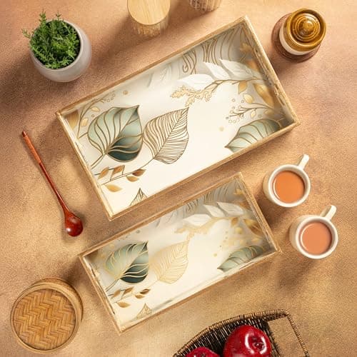 Civana Homes Wooden Serving Tray with Gold Engraving | Set of 2 | Size : 14 x 8 inch & 12 x 6 inch | Enamel Coated Waterproof | Rectangular | Decorative Trays |(White Leaf Set of 2)