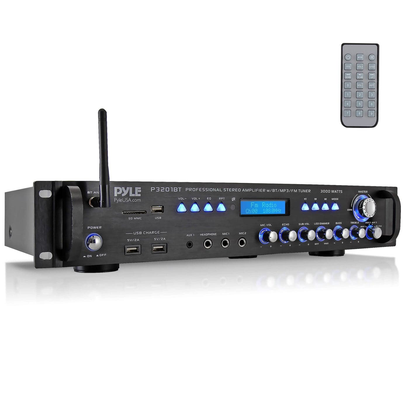 Pyle Multi Channel Bluetooth Preamplifier Receiver 3000 Watt Audio Home Speaker Sound Stereo wRadio USB Headphone AUX RCA Dual Microphone wEcho LED Wireless Streaming P3201BT