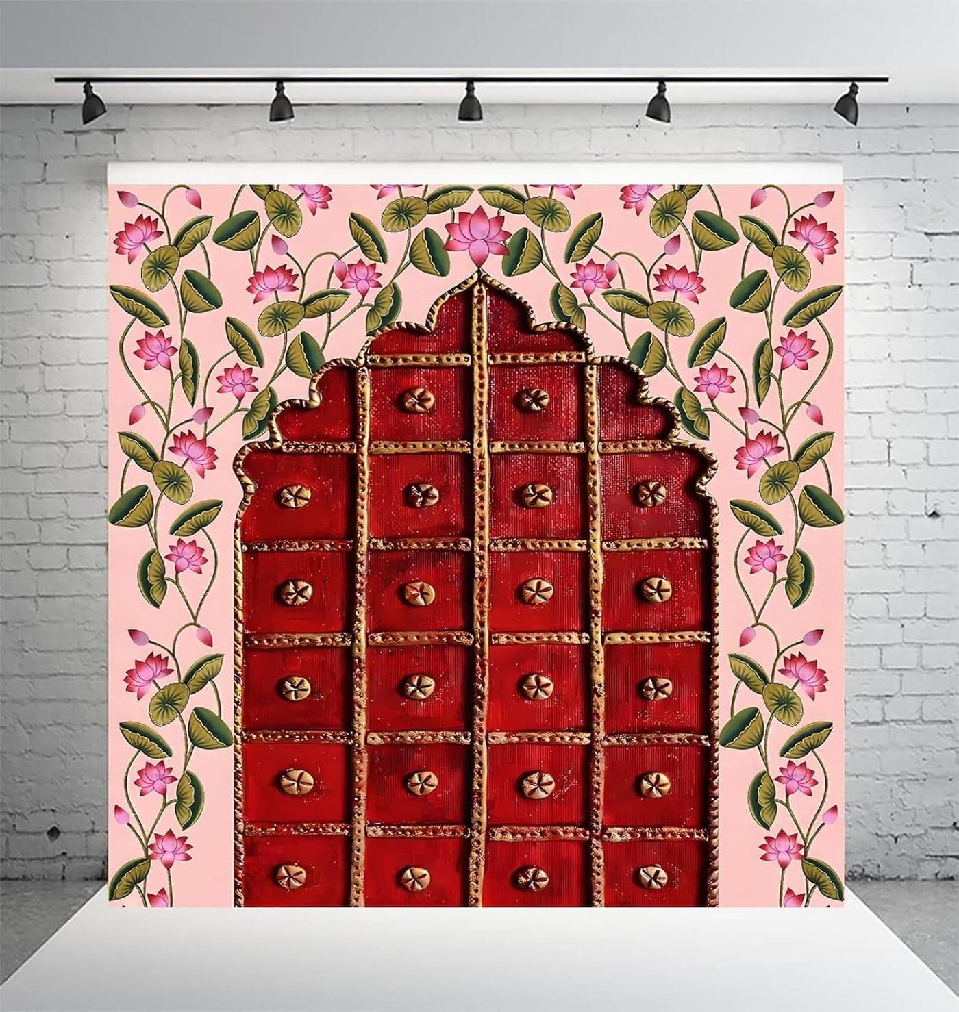 Dhara Door Entrance Design Printed 8FT8FT Backdrop Cloth for Pooja Decoration Traditional Background Curtain Cloth for Festival Washable Fabric