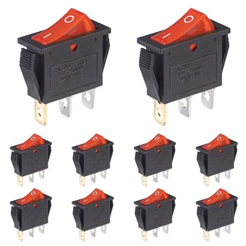 VEXUNGA 10pcs Lighted KCD3 Rocker Switch On Off 3 Pin 2 Position Red Light Boat Rocker Switches 20A 15A 125V 250V AC SPST Square llluminated Power Switch