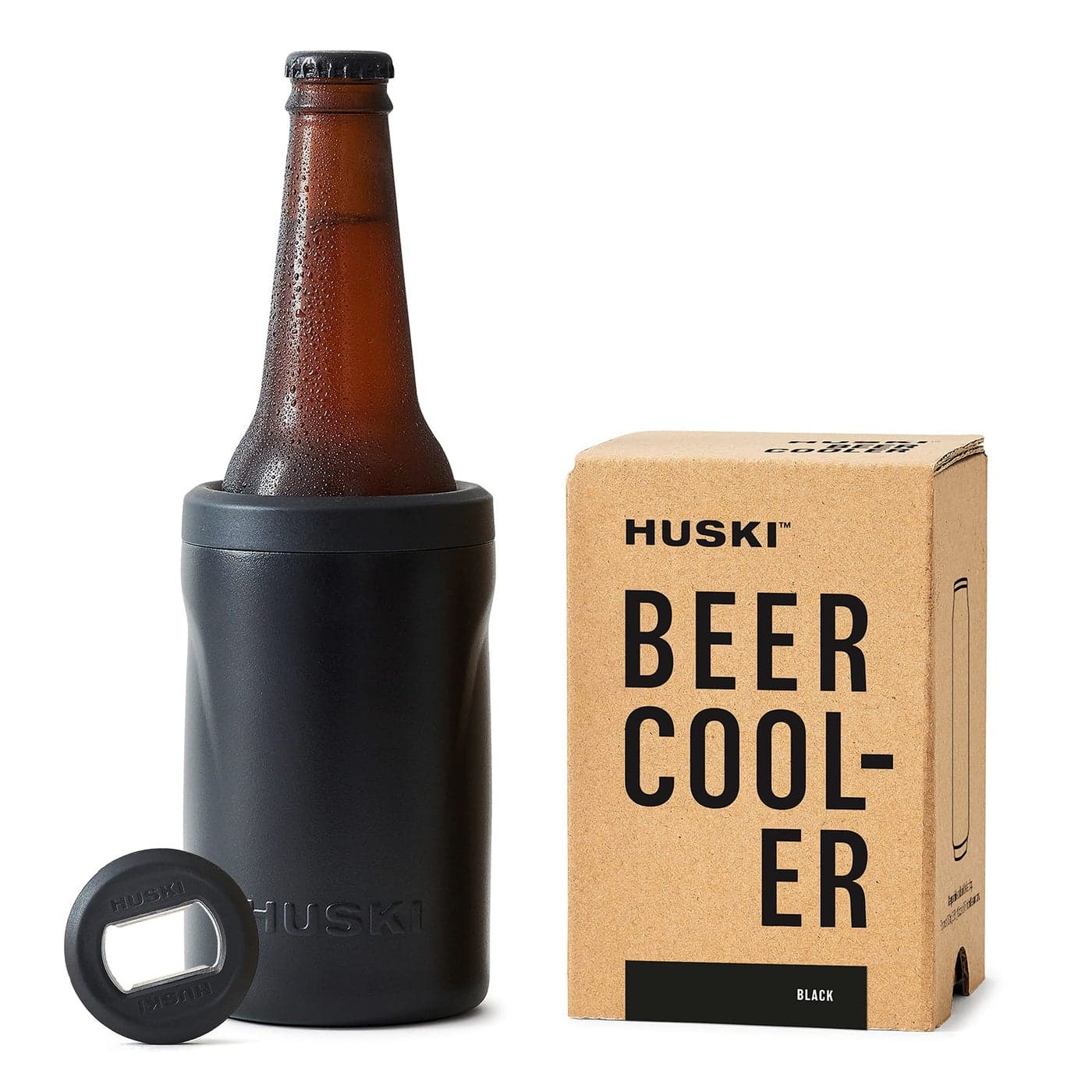 Huski Beer Cooler 20 NEW Premium Can and Bottle Holder Triple Insulated Marine Grade Stainless Steel Detachable 3in1 Opener Works as a Tumbler Best Gifts for Beer Lovers Black