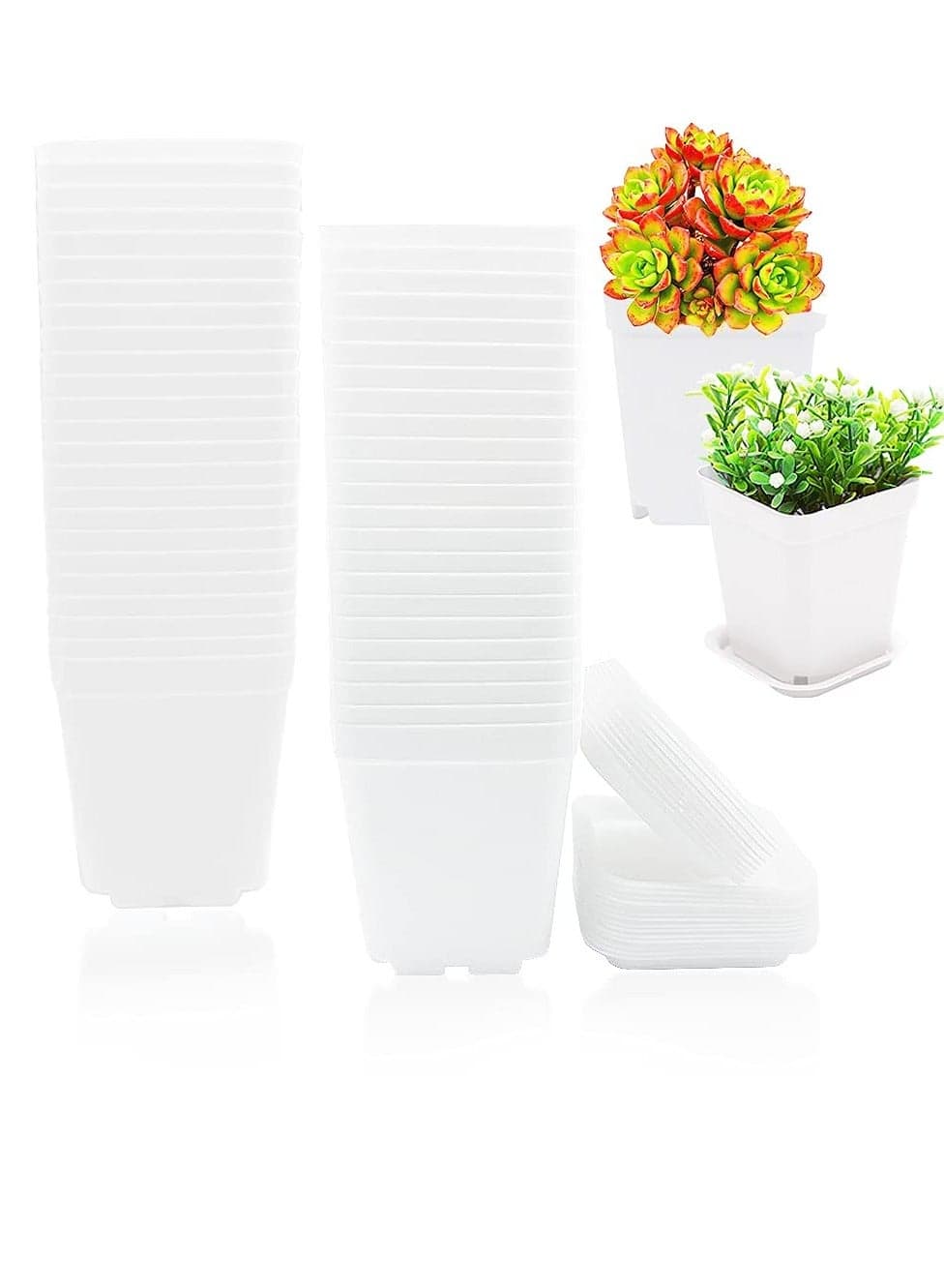 Plastic Nursery Seedling Pots, 48 Pack Square Plants Nursery Pot, Square Plastic Plant Pots with Drainage Holes and Saucers, for Balcony, Pot Transplant, Garden, Home Decor, Outdoor(White)