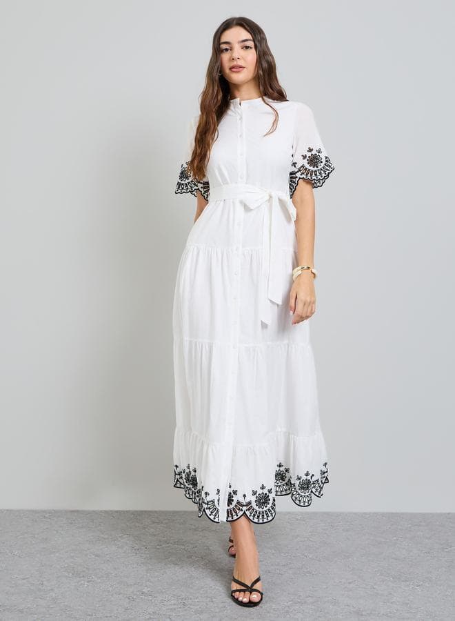 White Embroidered Shirt Maxi Dress with Tie-Belt