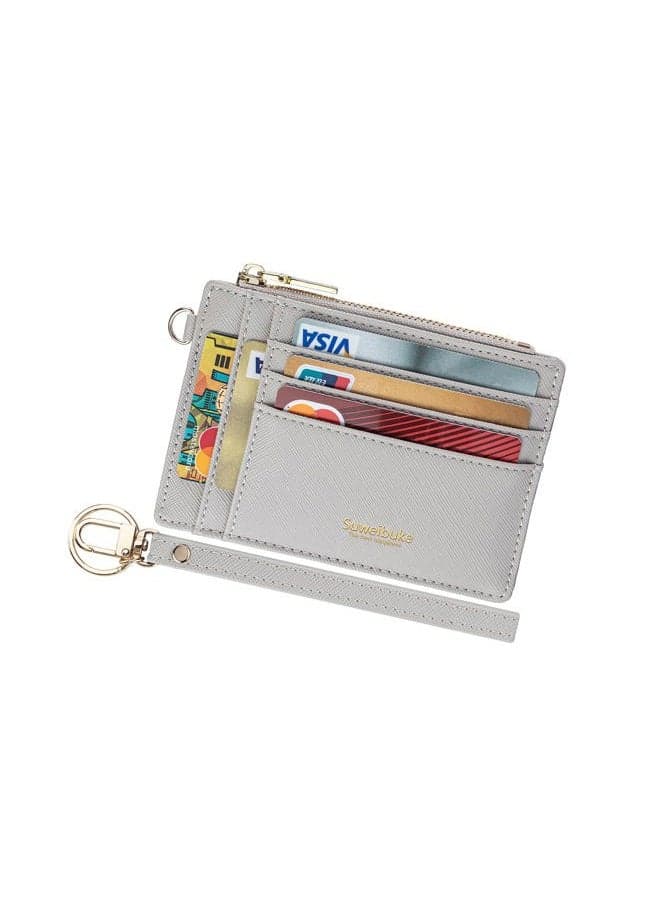 Women Slim Rfid Blocking Credit Card Case Holder Wristlet Zip ID Case Wallet Small Compact Leather Wallet Coin Purse with Keychain (Light Gray)