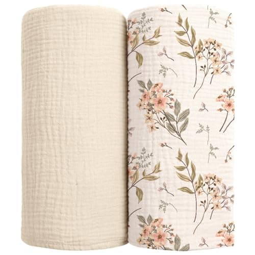 lulumoon Muslin Swaddle Blankets for Baby: Soft Cotton Newborn Receiving Blankets - Floral Print Nursery Gift Set for Baby Girls(White Flower)