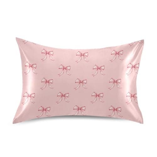 Ribbon Bow Pink Pillow Covers Silk Pillowcase for Hair and Skin Soft Breathable Smooth Cooling Satin Pillowcase Standard Size Pillow Case for Hot Sleepers Bed Women 20x26 Inch