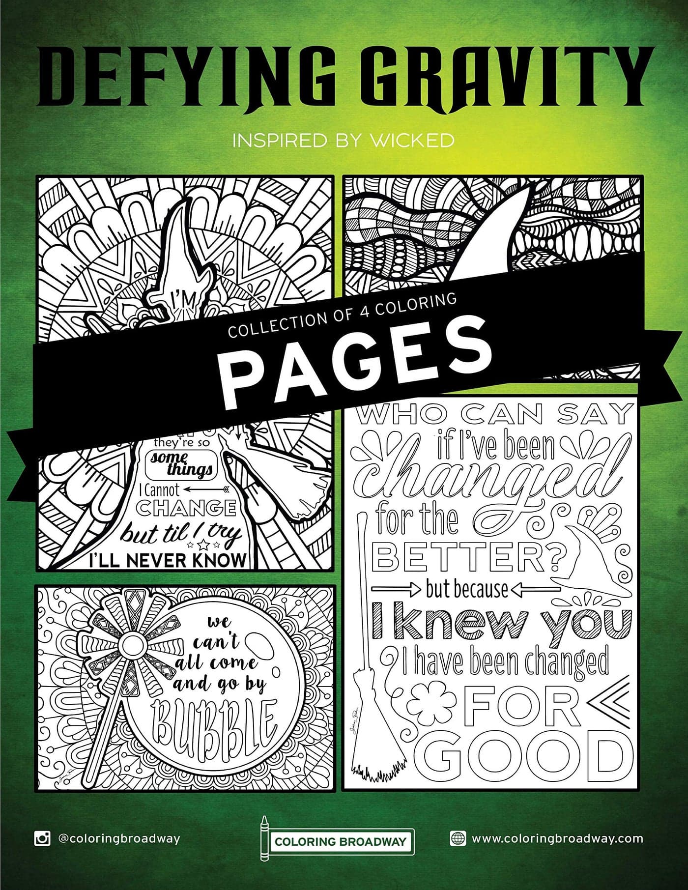 Coloring Broadway - Wicked Inspired Coloring Pages (Set of 4), Defying Gravity Musical Theater Merchandise, Printed on Matte Card Stock (8 1/2” x 11”), Ideal Gift for a Broadway Theater Lover