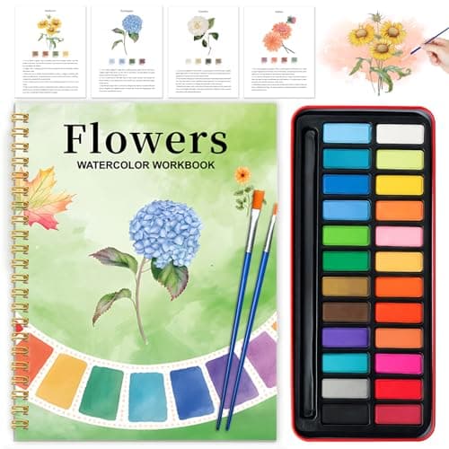 Watercolor Workbook Coloring Book Beginner Friendly Painting Kit Watercolor Workbooks for Adults with 24 Colors Paint Exploration Gift for Adults Teens Flowers