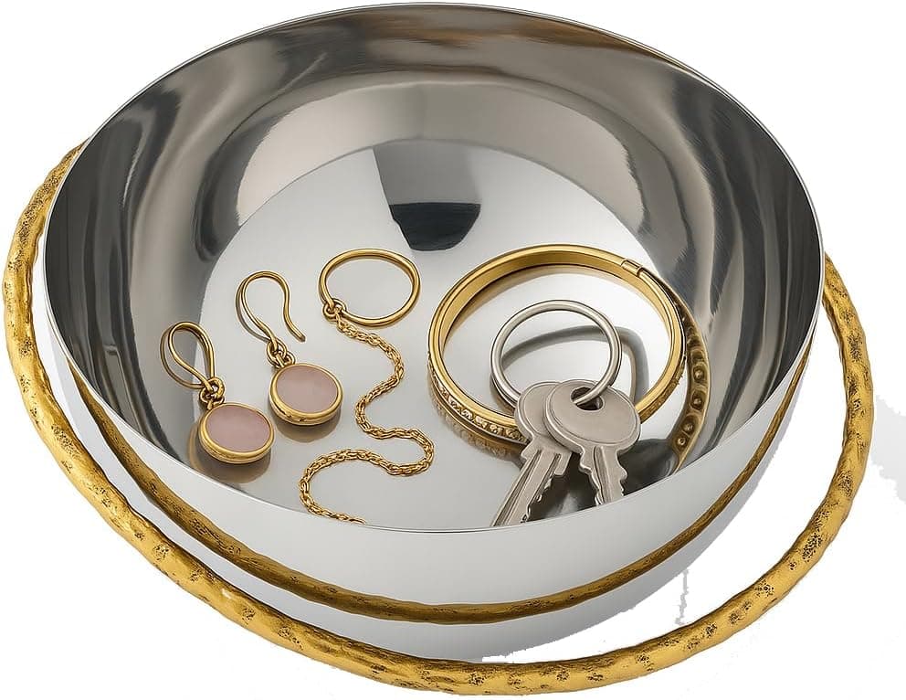 GUTE Decorative Silver Serving Bowl Fruit Catch All Golden Leaf Vine Stainless Steel Metal Brass Gold Leaves Trim Accent Basket Fruit Potpourri Living Dining Room Table Home Decor 7 L 6 W