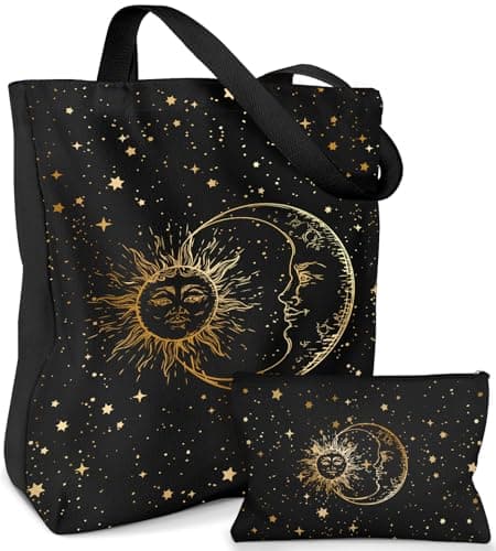 Miss Adola Aesthetic 2 Set Canvas Tote Bag - with Cosmetic Makeup Zipper Pouch Bag for Women Cloth Cotton Tote Bag for Shopping, Gym, Work, Travel, Vacation, Black Sun Moon