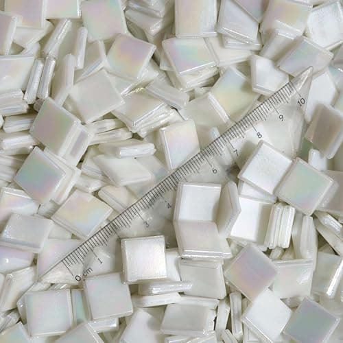 Samjobroad Iridescent White Square Tiles 15mm059Inch300g White Iridescent Glass Mosaic Tiles for Photo Frames Vases Coasters Home Dcor