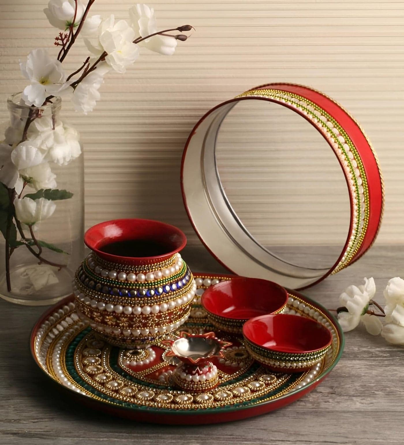 RIA Studio Beautiful Kundan Decorated Stainless Steel Karva Chauth Pooja Thali Set, (12 inch, Red)