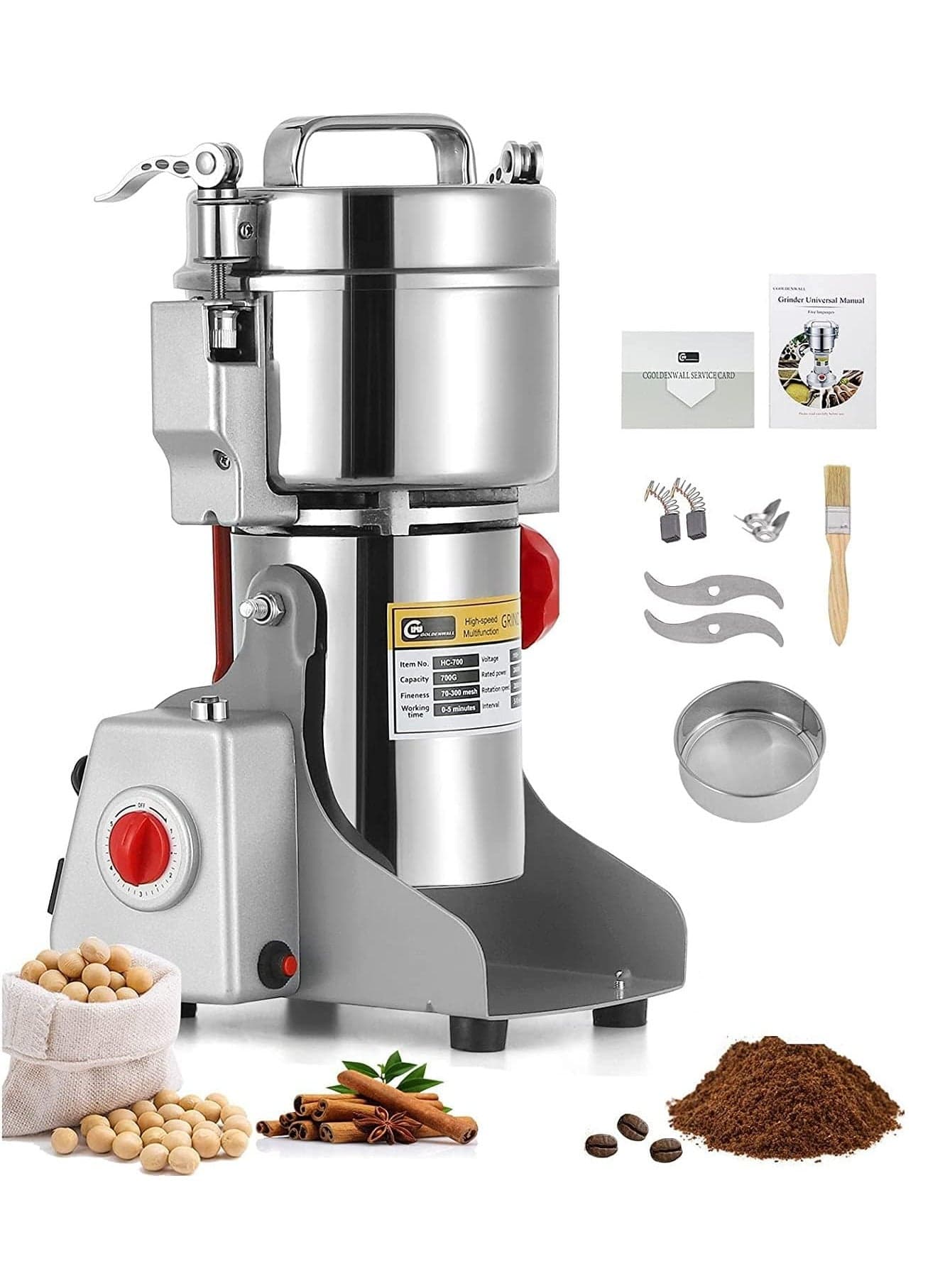 High-Speed Electric Grain Grinder Mill Stainless Steel Powder Grinder Machine Commercial Grain Mill Spice Grinder Pulverizer for Dried Cereals Grains Spices Herbs