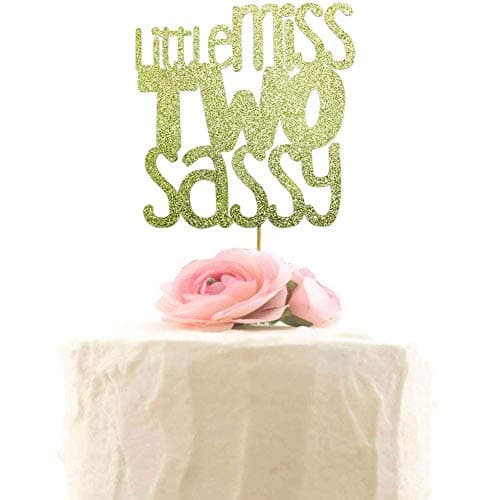 Festiko®Little Miss Two Sassy Cake Topper - 2nd Birthday Party Decor, Happy Two Years Old Birthday Cake Decorations - Gold Glitter
