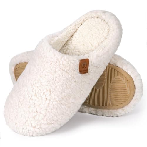 EverFoams Women's Fuzzy Slip-on Slippers Soft Comfy Memory Foam Indoor House Shoes Beige,7-8 US