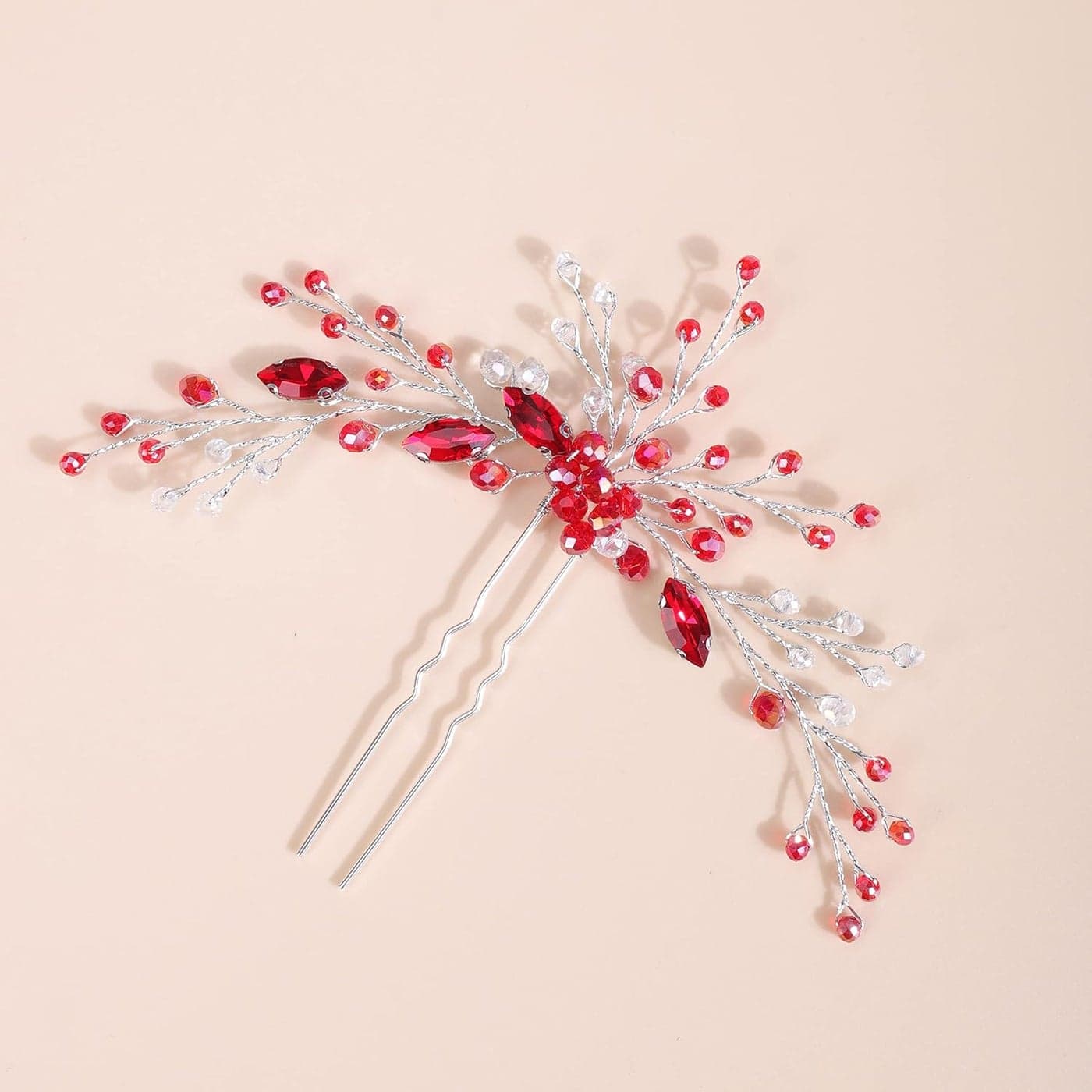 Kercisbeauty Red Crystal Silver Hair Piece for Women and Girls Wedding Bridal Red Hair Jewelry Handmade Boho Hair Accessory Red