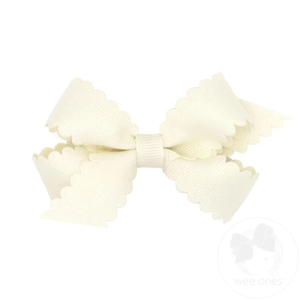 Wee Ones Girls Classic Grosgrain Hair Bow with Scalloped Edges and Plain Wrap Center on a WeeStay Hair Clip Mini Antique White