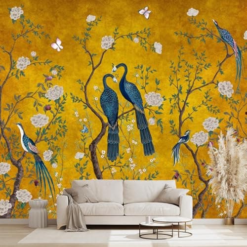 WXHFM Golden Chinese Style Flowers Birds Wallpaper for Bedroom Botanical wall Mural 91x65Not Peel and Stick